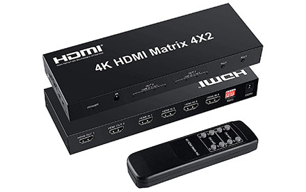 Matrix Switch, 4 en 2 salida, Video Switcher Splitter + salida de audio óptico y L/R, compatible con Ultra HD 4K x 2K, 3D 1080P