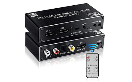 HDMI Switch Splitter 2 Entradas 1 Salida con Mando a Distancia 4K@60hz, 2 Puertos HDMI2.0b Caja Conmutador con Toslink óptico